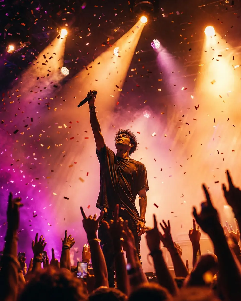 A performer raises a microphone under golden spotlights as confetti falls over a cheering crowd